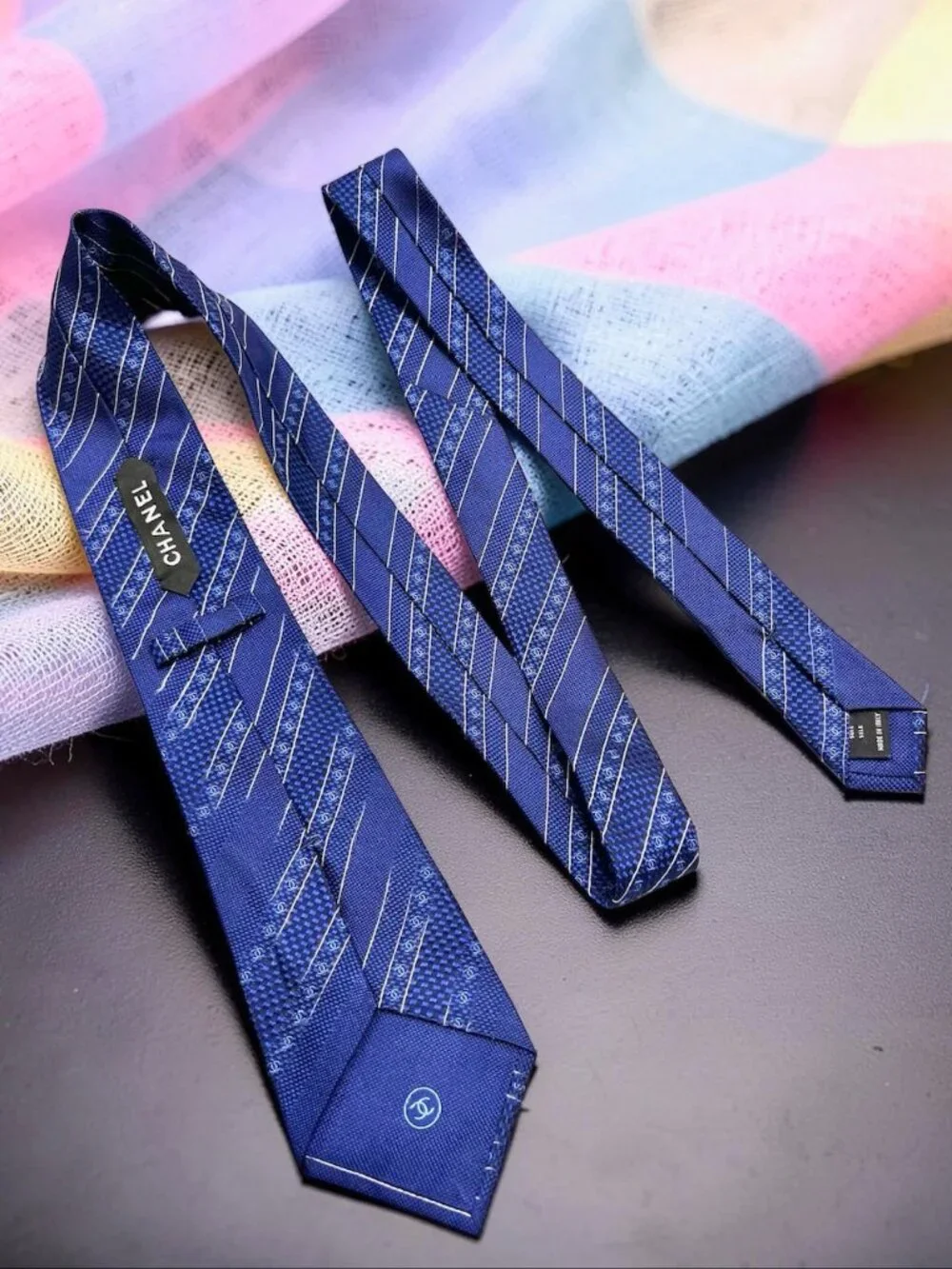 Classic Chanel Paris 100% Silk Necktie Blue Striped Logo Printed Italy Made(2) - Picture 4 of 15